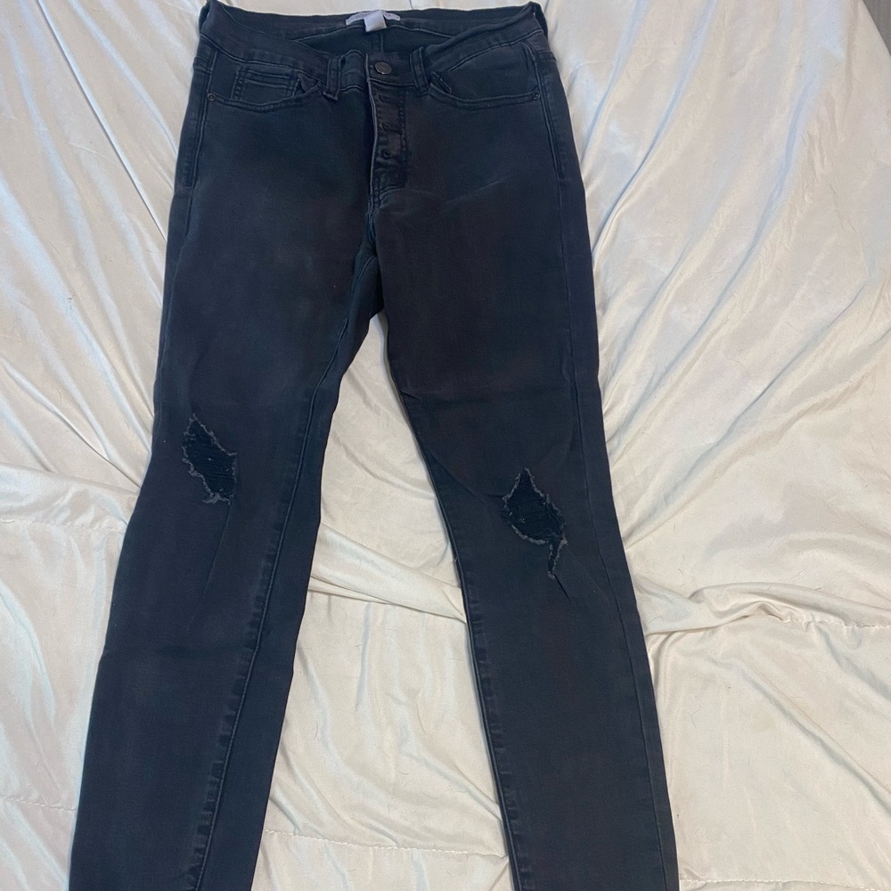 Judy Blue Jeans black wash blue skinny distressed button fly